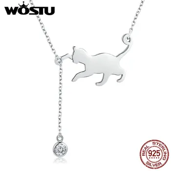 WOSTU-100% 925 스털링 실버 장난기 많은 고양이 애완 동물 체인 펜던트 목걸이 여성을 위한 럭셔리 브랜드 쥬얼리, 드롭 배송 선물 CQN232