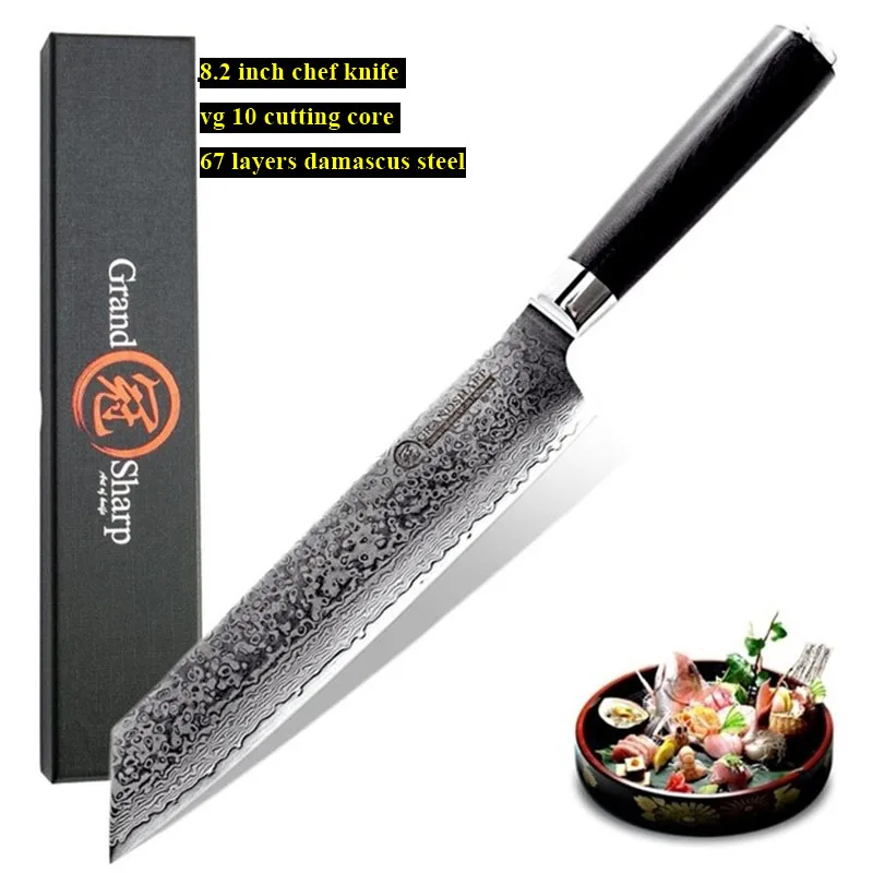 8.2'' VG10 Damascus Steel Japanese Kitchen Knives G10 Handle Razor Sharp Japanese Damascus Blade Chef Knife Gift Box Grandsharp
8.2'' VG10 Damascus Steel Japanese Kitchen Knives G10 Handle Razor Sharp Japanese Damascus Blade Chef Knife Gift Box Grandsharp