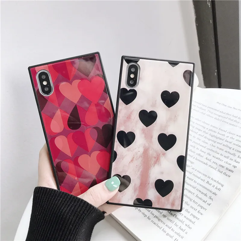 

For iphone Xs max XR X 8 7 6 6s plus Square 9H Tempered Glass phone Case glossy Vogue Retro love heart pattern cases back cover