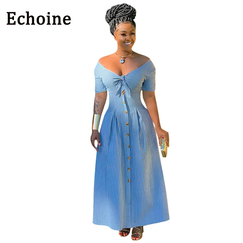 Echoine Sexy Striped Dress Off Shoulder Short Sleeve Long Dress Front Tie Bandage Dress V-neck Button Summer Dresses Ladies
Echoine Sexy Striped Dress Off Shoulder Short Sleeve Long Dress Front Tie Bandage Dress V-neck Button Summer Dresses Ladies