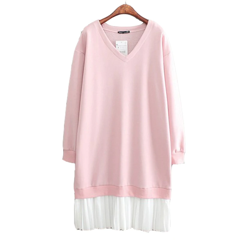 WJ7 Women's Casual Loose V-Neck Chiffon Dress w/ Long Sleeve Pink