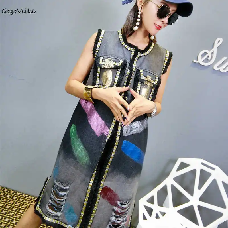 Gold Print Holes Jean Vest Punk Style Sleeveless 2019 Spring Women Casual Coat Casual Outwear Tassel Denim Collar LT459S50
Gold Print Holes Jean Vest Punk Style Sleeveless 2019 Spring Women Casual Coat Casual Outwear Tassel Denim Collar LT459S50
