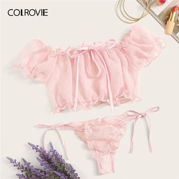 

COLROVIE Pink Lettuce Trim Dobby Mesh Tie Side Sexy Lingerie Set Women Intimates 2019 Frill Bra And Thongs Ladies Underwear Set