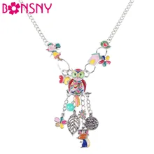 Bonsny エナメルジュエリーチャームマウス花フクロウネックレスチェーンムース合金マキシステートメントヘラジカワピチニュース首輪チョーカーネックレス(China)