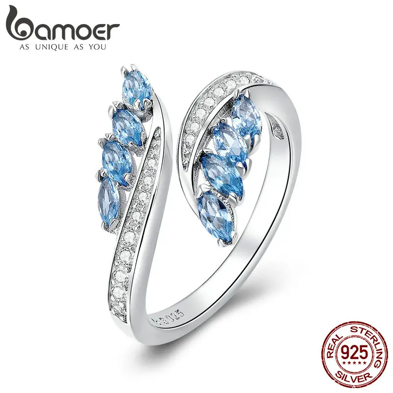 

BAMOER Leaf Ring Authentic 925 Sterling Silver Light Blue Zircon Open Size Finger Rings for Women Luxury Crystal Jewelry GAR005