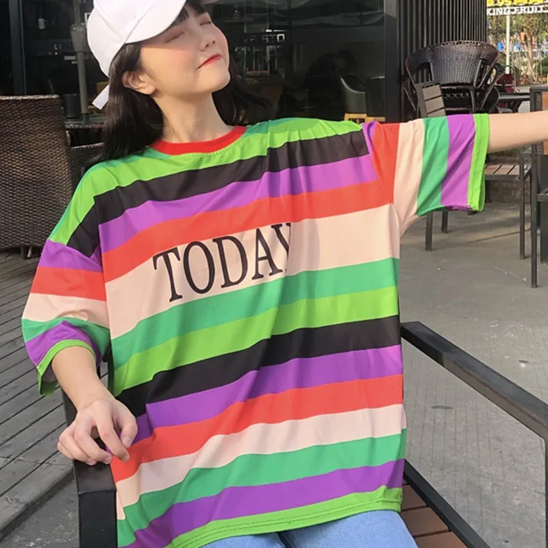 Women Tees Sweet Rainbow Striped Print T Shirts Fashion Short Sleeves T-shirts Women's O-Neck Tees Tops
Women Tees Sweet Rainbow Striped Print T Shirts Fashion Short Sleeves T-shirts Women's O-Neck Tees Tops