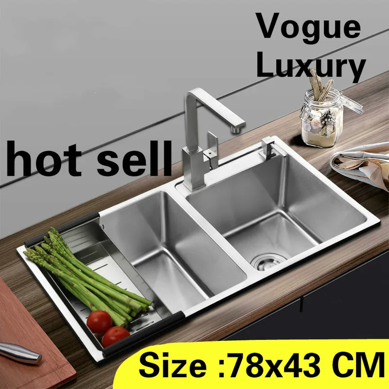 

Free shipping Apartment wash vegetables kitchen manual sink double groove durable 304 stainless steel vogue hot sell 78x43 CM