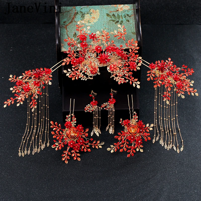 Фото JaneVini Luxury Chinese Style Wedding Hair Accessories Gold Long Tassels Princess Crown Red Hairpins Bridal Jewelry | Украшения и