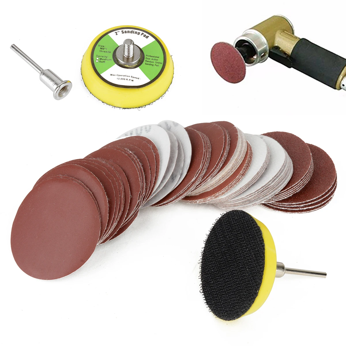 DWZ 1pc 50mm 1/4\`\` Sanding Sander Backing Pad + 1pc Shank + 60pcs Sandpaper Disc