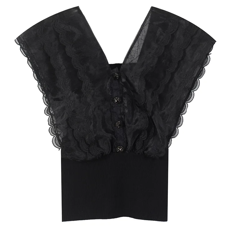 Women T-Shirt Elegant Ruffles Mesh Knitted Crop Top Diamonds Button T Shirt Summer Slim V-Neck Tees Pullovers Sleeveless Runway
Women T-Shirt Elegant Ruffles Mesh Knitted Crop Top Diamonds Button T Shirt Summer Slim V-Neck Tees Pullovers Sleeveless Runway