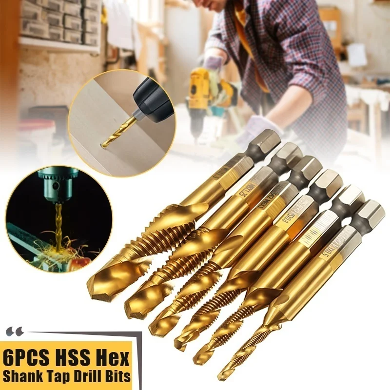 Metric Thread Tap Tool 6pcs 1/4'' Hex Shank Thread Drill Bits HSS Coated Composite Tap Countersink Twist Metal Drilling Set
Metric Thread Tap Tool 6pcs 1/4'' Hex Shank Thread Drill Bits HSS Coated Composite Tap Countersink Twist Metal Drilling Set