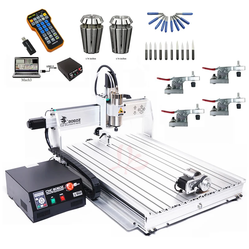 4 Axis 8060 CNC Router USB 2200W CNC Cutting Milling Machine Remote MACH3 CNC Controller 10pcs Engraving Tools
4 Axis 8060 CNC Router USB 2200W CNC Cutting Milling Machine Remote MACH3 CNC Controller 10pcs Engraving Tools