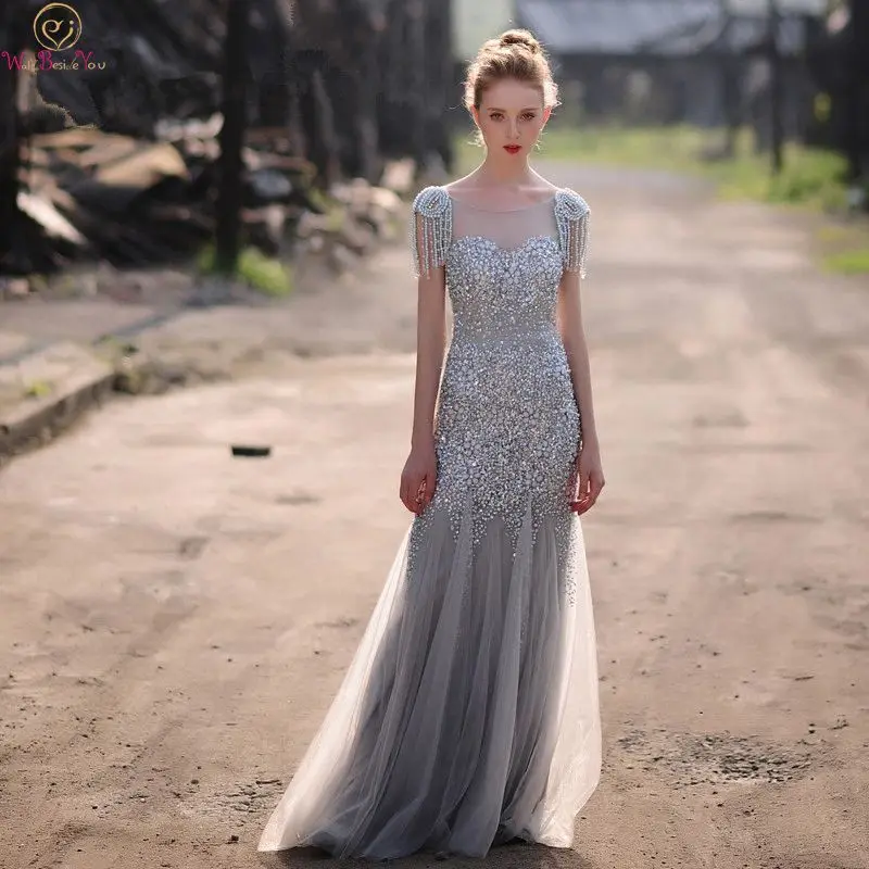 Gray Mermaid Evening Dresses 2019 Scoop Neck Tassel Sleeve robe de soiree Handmade Beading Crystal Formal Party Long Prom Gowns
Gray Mermaid Evening Dresses 2019 Scoop Neck Tassel Sleeve robe de soiree Handmade Beading Crystal Formal Party Long Prom Gowns