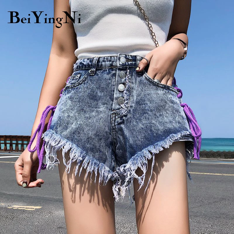 Beiyingni Jeans Shorts Woman Vintage Buttons Lace-up Tassel Large Size Sexy Brief Summer Denim Short Kpop Casual Boyfriend |