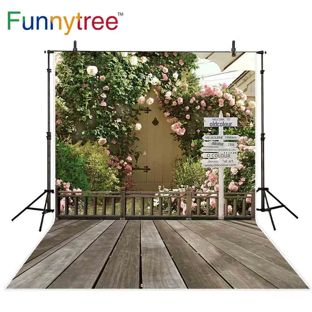 Фон для фотосъемки Funnytree с листьями розовыми цветами деревянным знаком наружный