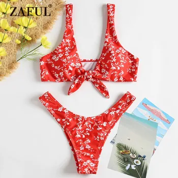 

ZAFUL Bikini Tiny Floral Knotted Swimwear Women Swimsuit Low Waist Plunging Neck Thong Bikini Set Brazilian Biquni Bathing Suit