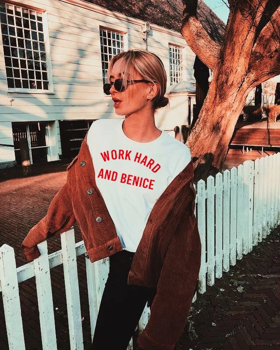 Work Hard and Be Nice T-Shirt Women Tumblr Shirts Aesthetic Clothing Quote Tshirts Summer Casual Women Empowerment Shirts
Work Hard and Be Nice T-Shirt Women Tumblr Shirts Aesthetic Clothing Quote Tshirts Summer Casual Women Empowerment Shirts