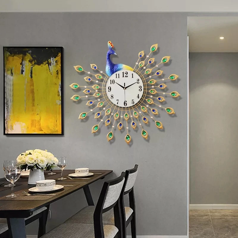 

3D Big Stereo Peacock Wall Clock Modern Design Home Decor Living Room Acrylic Diamonds Decorative Silent Clock Wall Art Watches