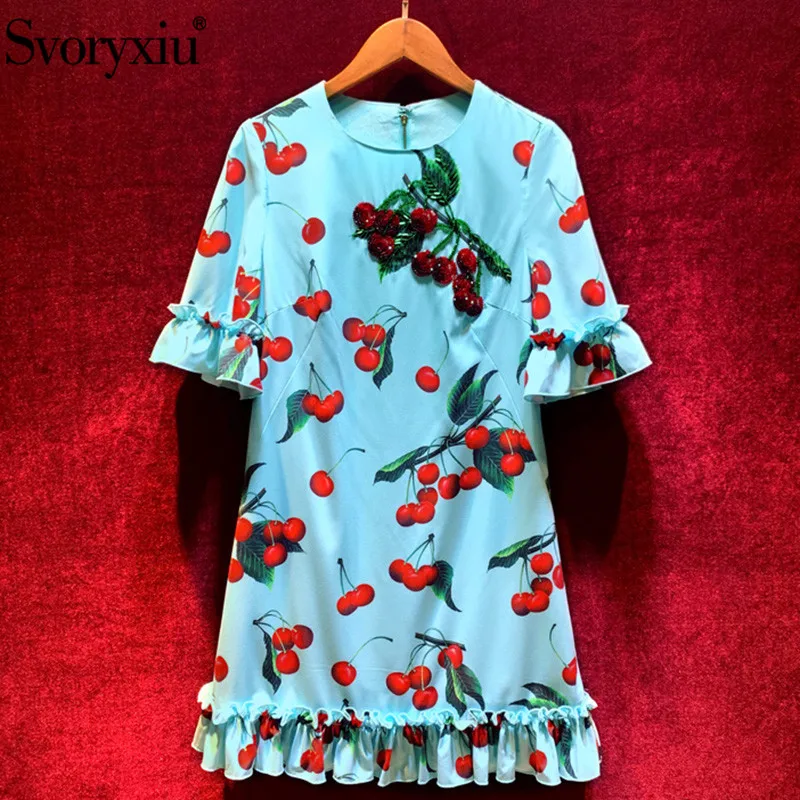 Svoryxiu Runway New Summer Cherry Printed Blue Dress Women's Elegant Ruffles Half Sleeve Beading Loose Casual Fruit Short Dress
Svoryxiu Runway New Summer Cherry Printed Blue Dress Women's Elegant Ruffles Half Sleeve Beading Loose Casual Fruit Short Dress