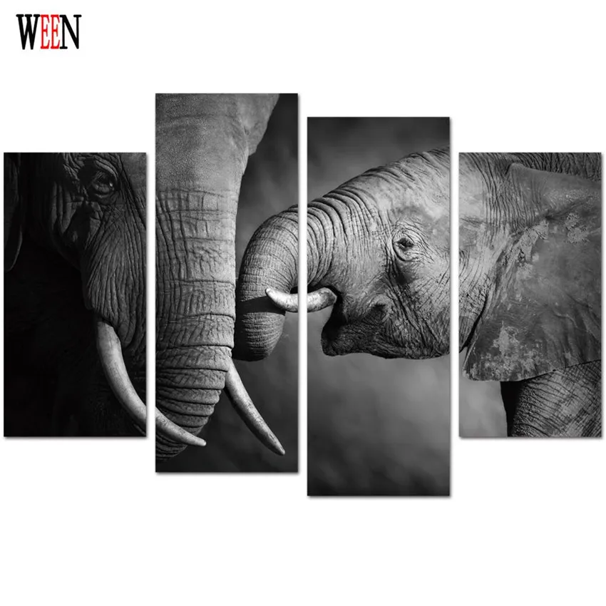 WEEN Elephant Canvas Art 4Pcs Modern Animal Wall Pictures Painting For Home Decorative Modular Posters Printed On 2017 | Дом и сад