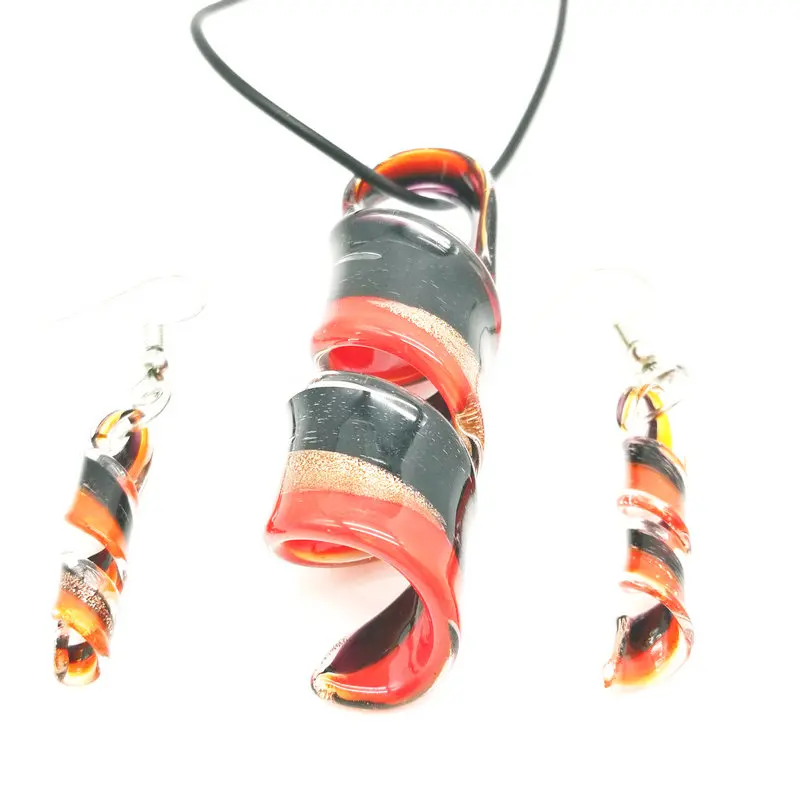 

Free Shipping Wholesale 3Sets Red Swirl Lampwork Glass Pendant Necklace Earrings Set, Fashion Jewelry SetS