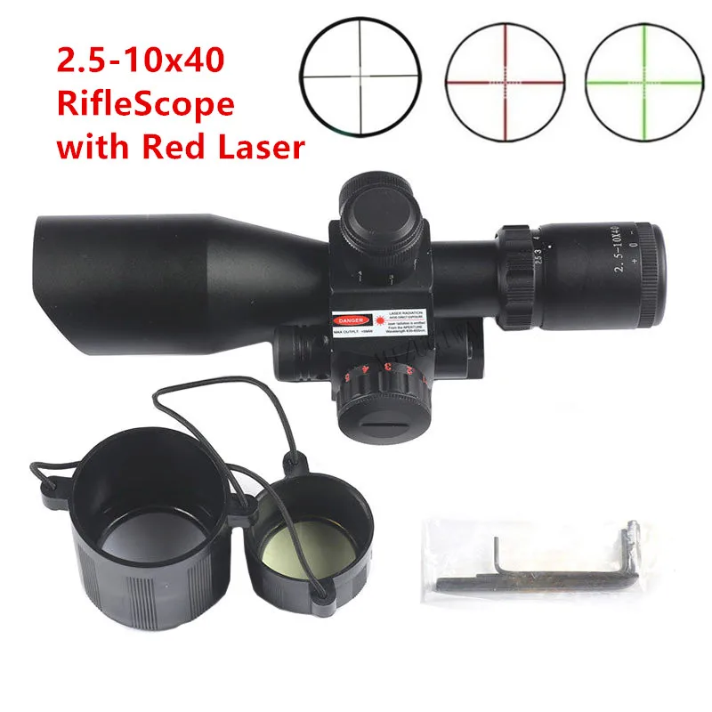 2.5-10x40 RifleScope Red Laser Dual Illuminated Mil-dot W/ Rail Mounts Reflex Red Green Dot Sight Scope with Red Laser
2.5-10x40 RifleScope Red Laser Dual Illuminated Mil-dot W/ Rail Mounts Reflex Red Green Dot Sight Scope with Red Laser