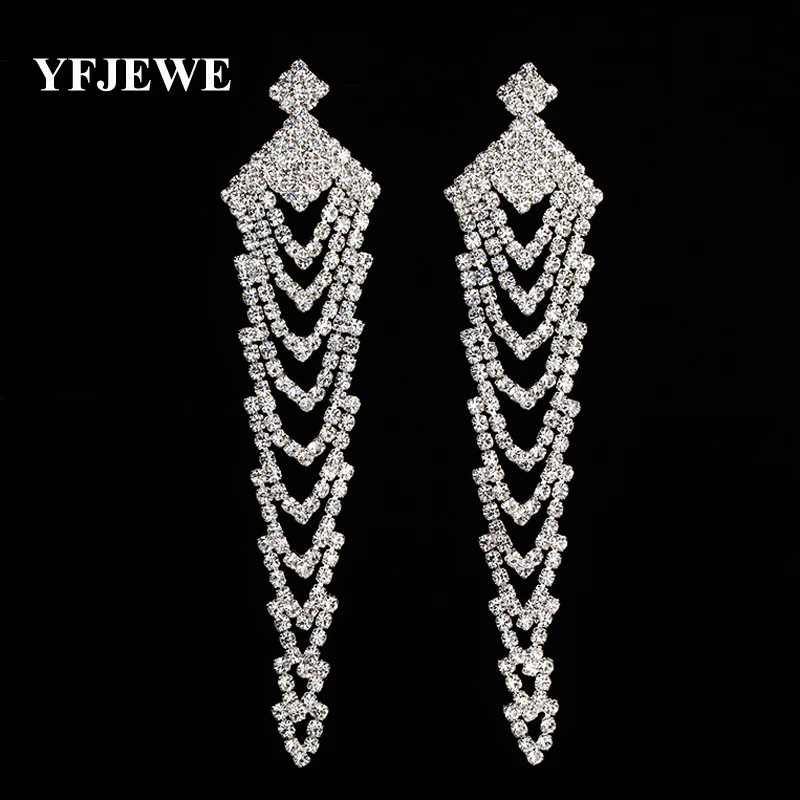 

YFJEWE Fashion Jewelry Crystal Long Earrings for Women Gold and Silver Color Bridal Wedding Dangle Earrings Femme Pendante E380