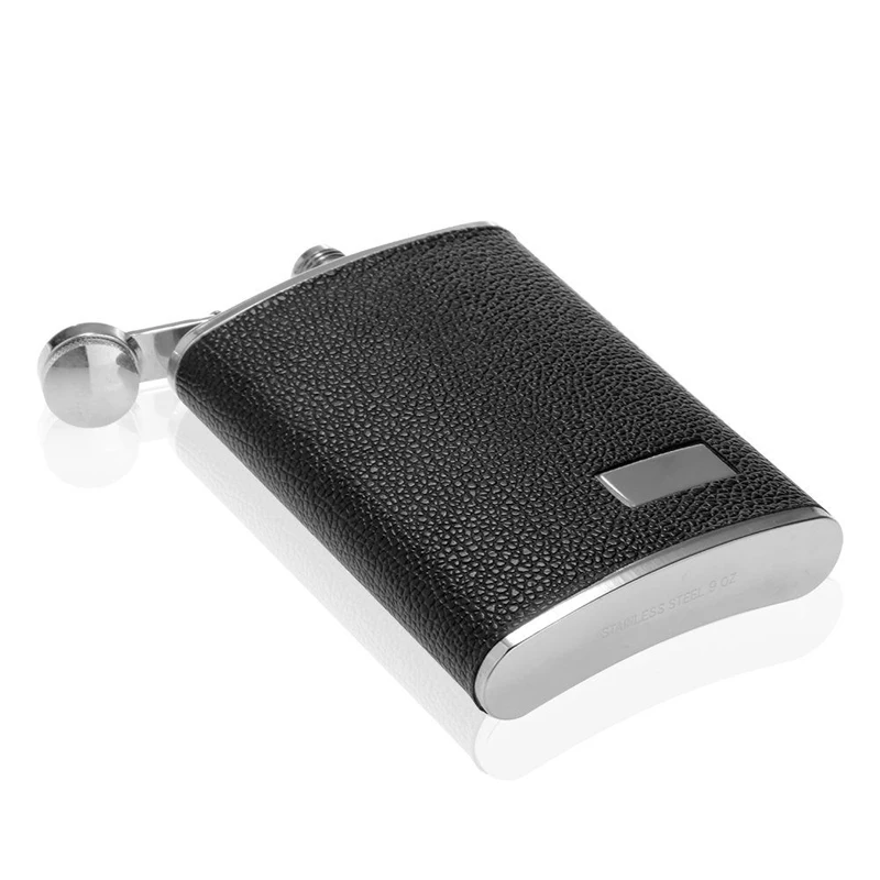 Mayitr 9oz Hip Flask Black Alcohol Flask Fluted Wine Leather Stainless Steel Portable Hip Flask 14x9.5x2.2cm for Drinkware