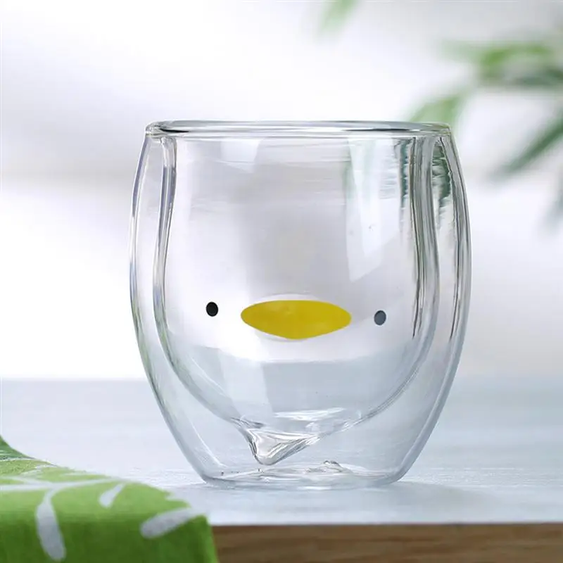 1 pc Glass Mug Cartoon Little Duck Lovely Double Wall Creative Teacup for Office