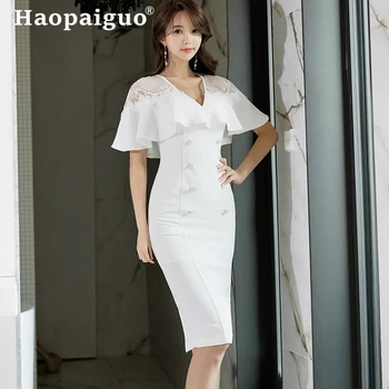White OL Work Office Dress for Women V-neck Double Button Sheath Wrap Dresses Ladies Solid Lace Patchwork Casual Dress Summer
White OL Work Office Dress for Women V-neck Double Button Sheath Wrap Dresses Ladies Solid Lace Patchwork Casual Dress Summer