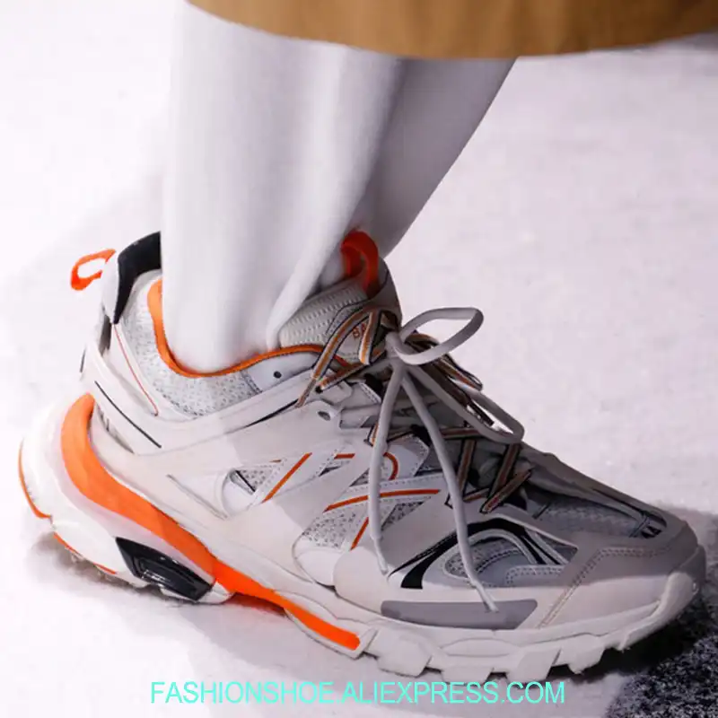 Balenciaga Women Off White Orange Track Sneakers