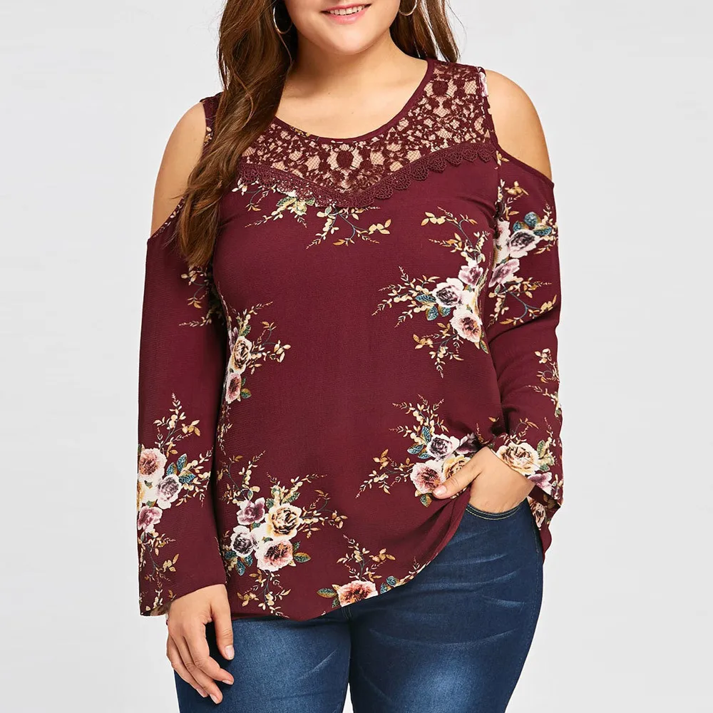 Fashion Womens Plus Size Blouse Lace Cold Shoulder Tops Floral Printed Blouse Long Sleeve shirt Tops Blusa Verano Mujer C20
Fashion Womens Plus Size Blouse Lace Cold Shoulder Tops Floral Printed Blouse Long Sleeve shirt Tops Blusa Verano Mujer C20