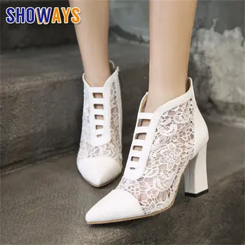 Summer Women Ankle Boots High Block Heel Pointed Toe White Pink Flower Lace Mesh Wedding Party Gladiator Lady Zipper Short Boots
Summer Women Ankle Boots High Block Heel Pointed Toe White Pink Flower Lace Mesh Wedding Party Gladiator Lady Zipper Short Boots