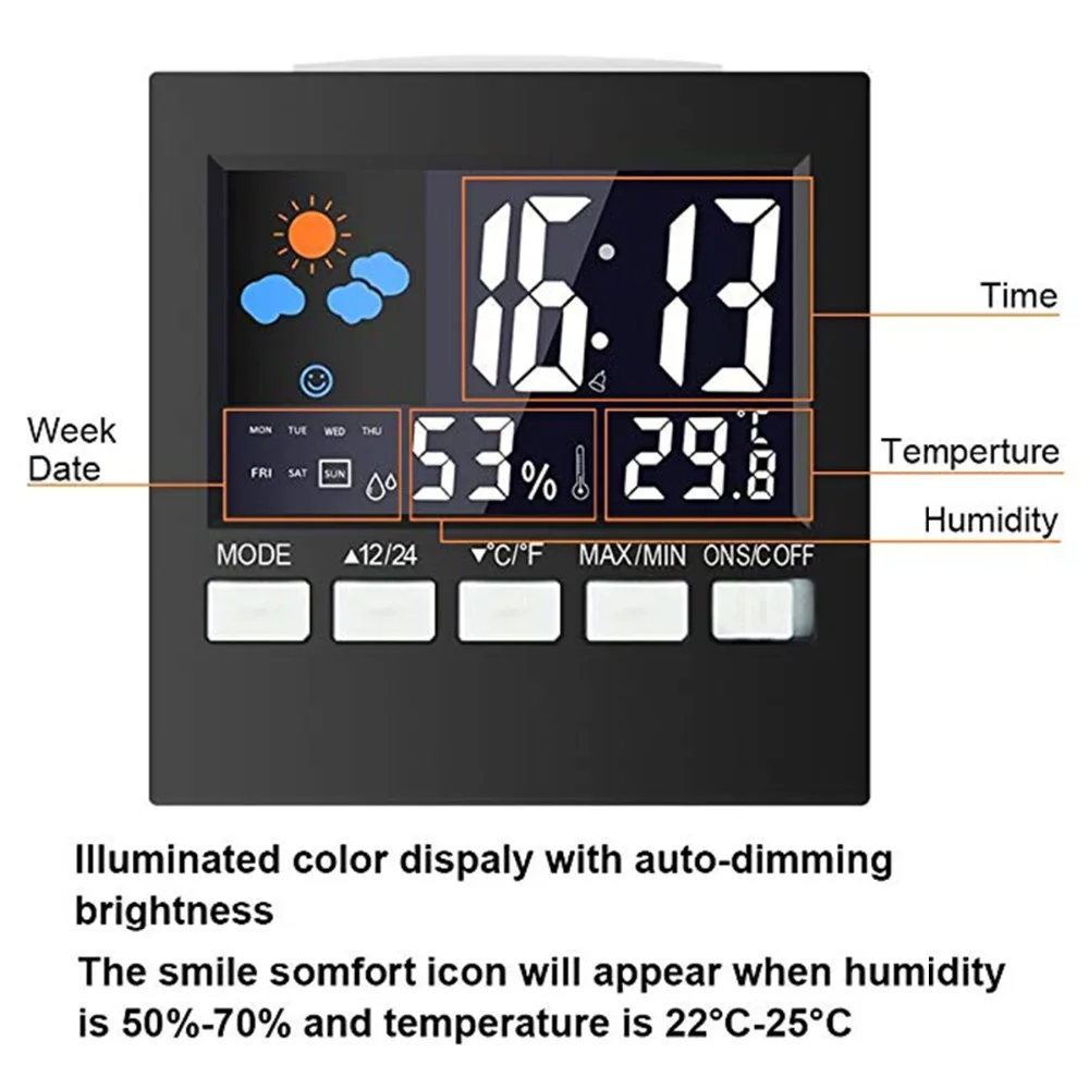 LED Digital LCD Alarm Clock Desk Table Weather Backlight Temperature Humidity Travel Electronic Clock Snooze Function Decor
LED Digital LCD Alarm Clock Desk Table Weather Backlight Temperature Humidity Travel Electronic Clock Snooze Function Decor