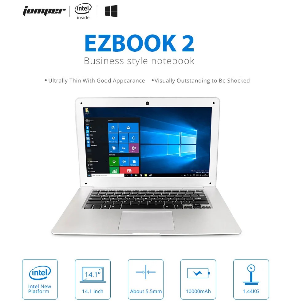 Jumper EZbook 2 A14 Laptop 14.1 Inch Windows 10 Ultrabook 1920 x 1080 FHD Display Intel Cherry Trail Quad Core Z8300 4GB RAM 64GB eMMC ROM Bluetooth Ultraslim Notebook Computer (1)