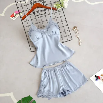 Women Sleep Lounge Sexy Lace Sleepwear Pajama Set V-Neck Satin Pijama European Style Pyjama Femme Backless Indoor Clothing 
Women Sleep Lounge Sexy Lace Sleepwear Pajama Set V-Neck Satin Pijama European Style Pyjama Femme Backless Indoor Clothing