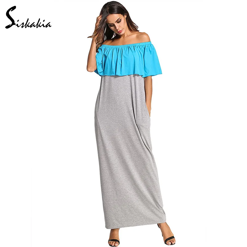 Siskakia off shoulder Slash neck T shirt long dress for women fashion contrast color ruffles patchwork maxi dresses plus size
Siskakia off shoulder Slash neck T shirt long dress for women fashion contrast color ruffles patchwork maxi dresses plus size