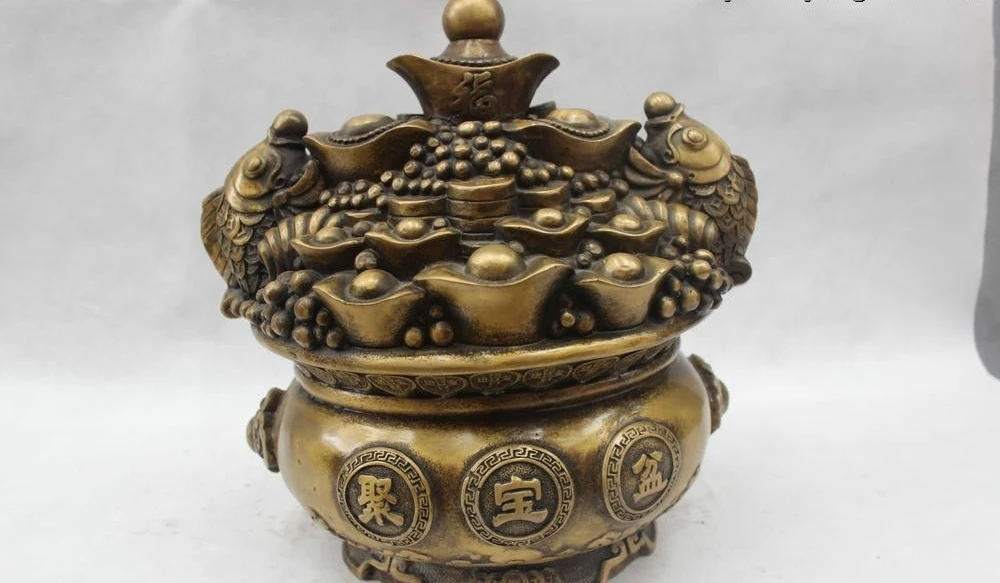 13"Chinese Folk Bronze Lucky Money drawing cyprinoid cornucopia Statue 
13"Chinese Folk Bronze Lucky Money drawing cyprinoid cornucopia Statue