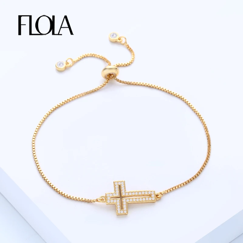 FLOLA New Cubic Zirconia Sideways Jesus Cross Bracelet Women Adjustable Gold Charm Bracelet with Cross Religious Jewelry brta17
FLOLA New Cubic Zirconia Sideways Jesus Cross Bracelet Women Adjustable Gold Charm Bracelet with Cross Religious Jewelry brta17