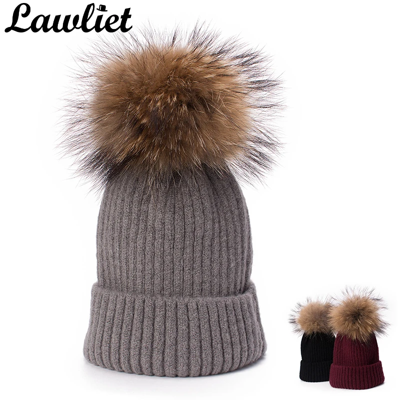 

Lawliet Autumn Winter Women Real Fur Pom Pom Hat Classical Solid Girl Lady Beanie Turn Up Knitted Hat Wool Winter Cap Skull Cap