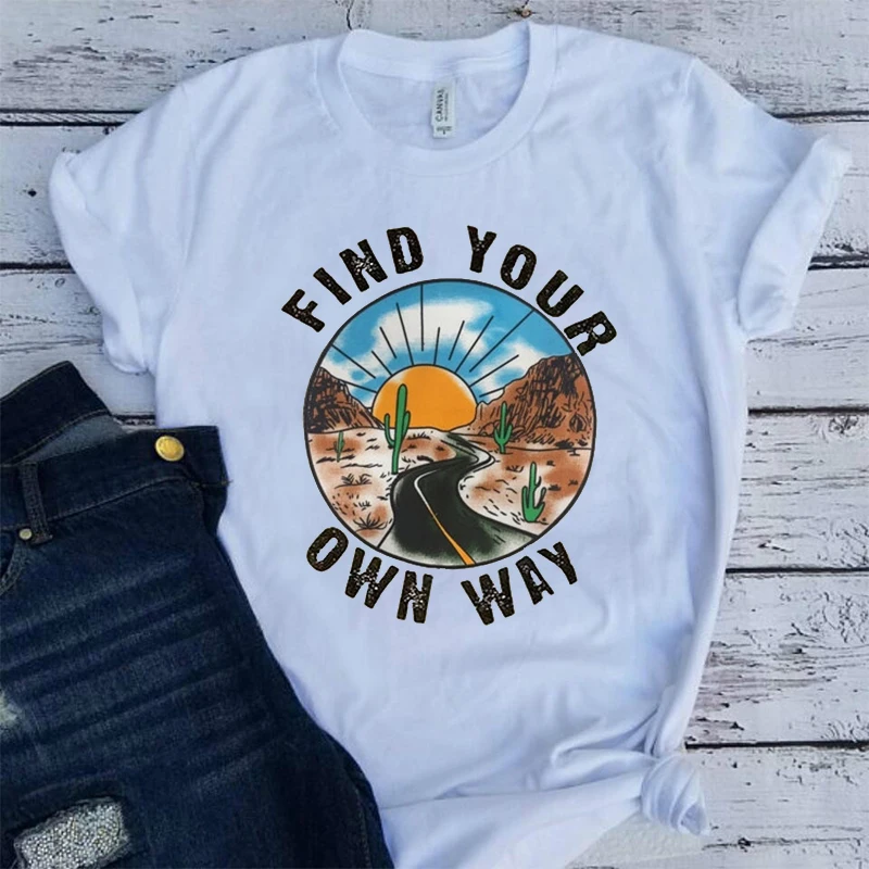 

American Pop Find Your Own Way Slogan Women Tops Tees White Summer Sleeved Cotton tshirts Tumblr Vintage Graphic T shirt Women