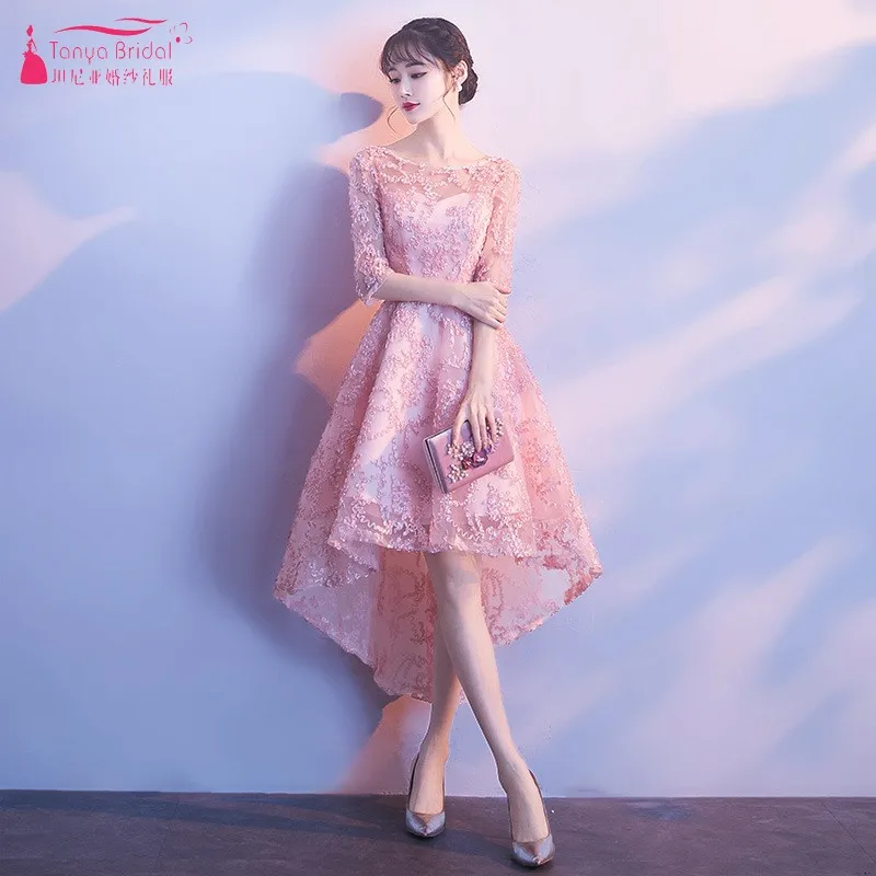 

A line Short Front Long Back Prom Dresses Pink Lace High Low Sexy Illusion Body Formal Evening Gown JQ253