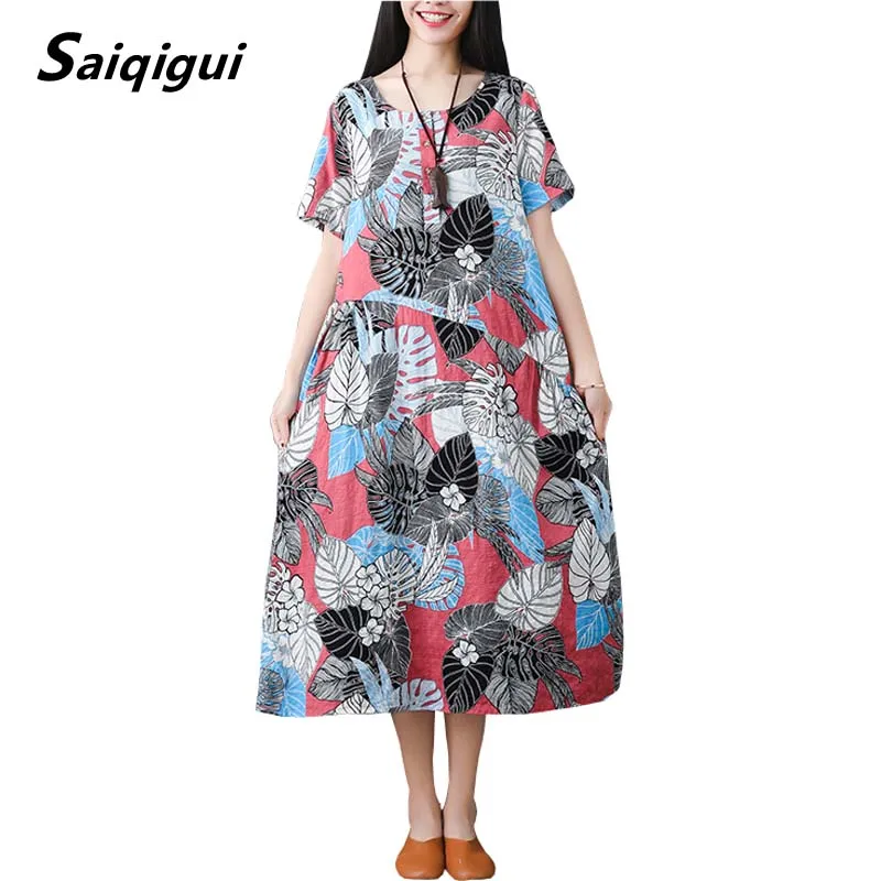 Saiqigui 2019 spring summer dress short sleeve Vintage women dress casual Loose A-Line Print cotton Linen dress O-Neck vestidos
Saiqigui 2019 spring summer dress short sleeve Vintage women dress casual Loose A-Line Print cotton Linen dress O-Neck vestidos