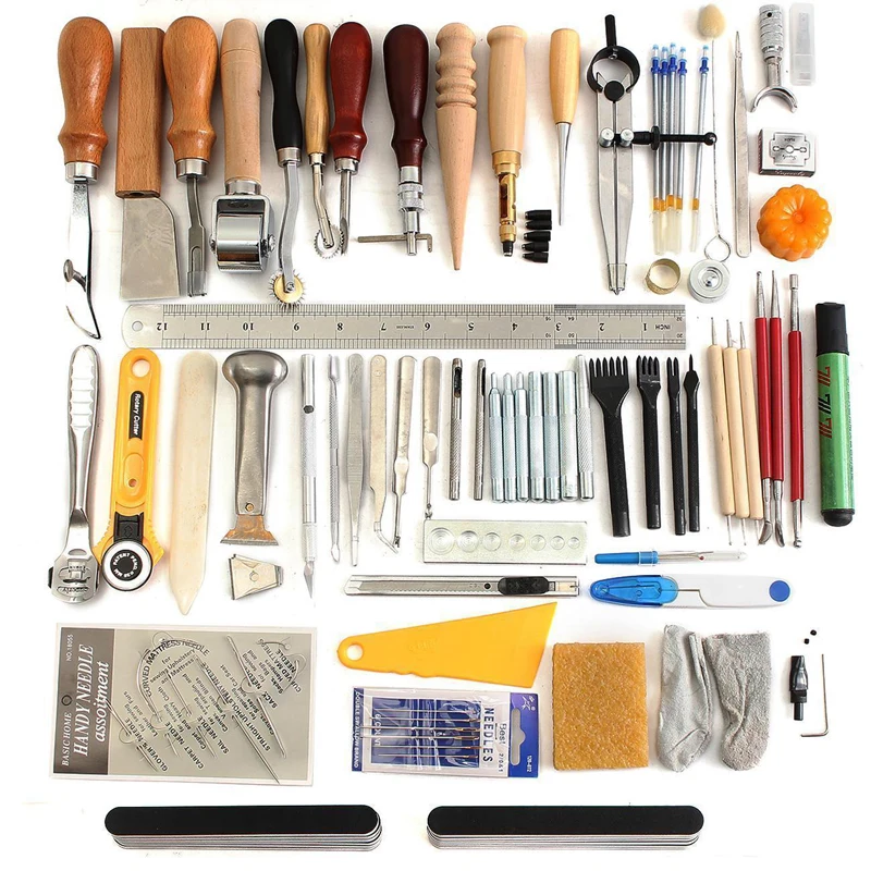 60Pcs Professional Leather Craft Tools Kit Hand Sewing Stitching Punch Carving Work Saddle Leather craft DIY Accessories
60Pcs Professional Leather Craft Tools Kit Hand Sewing Stitching Punch Carving Work Saddle Leather craft DIY Accessories