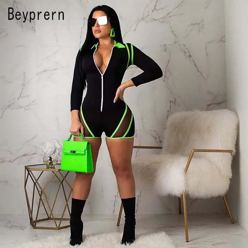 Beyprern Fashion Zip Up Striped Workout Romper Plus Size Sexy Neon Green Mesh Patchwork One Piece Short Jumpsuit Women Catsuit Rompers Aliexpress