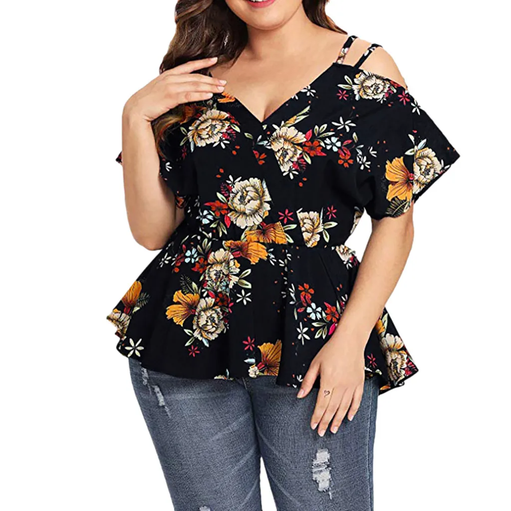 Plus Size Women's Shirt Short Sleeve Floral Printed Blouse For Ladies V-Neck Sling Peplum Top Female Blouse Elegant Waist blusas
Plus Size Women's Shirt Short Sleeve Floral Printed Blouse For Ladies V-Neck Sling Peplum Top Female Blouse Elegant Waist blusas
