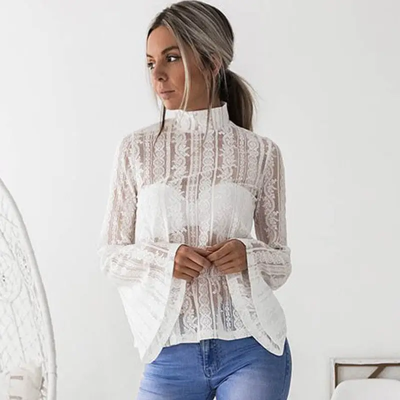 Lace Crochet Chiffon Flare Long Sleeve Women's Blouse White Stand Collar Transparent Shirt Women 2018 Autumn Elegant Sexy Top
Lace Crochet Chiffon Flare Long Sleeve Women's Blouse White Stand Collar Transparent Shirt Women 2018 Autumn Elegant Sexy Top