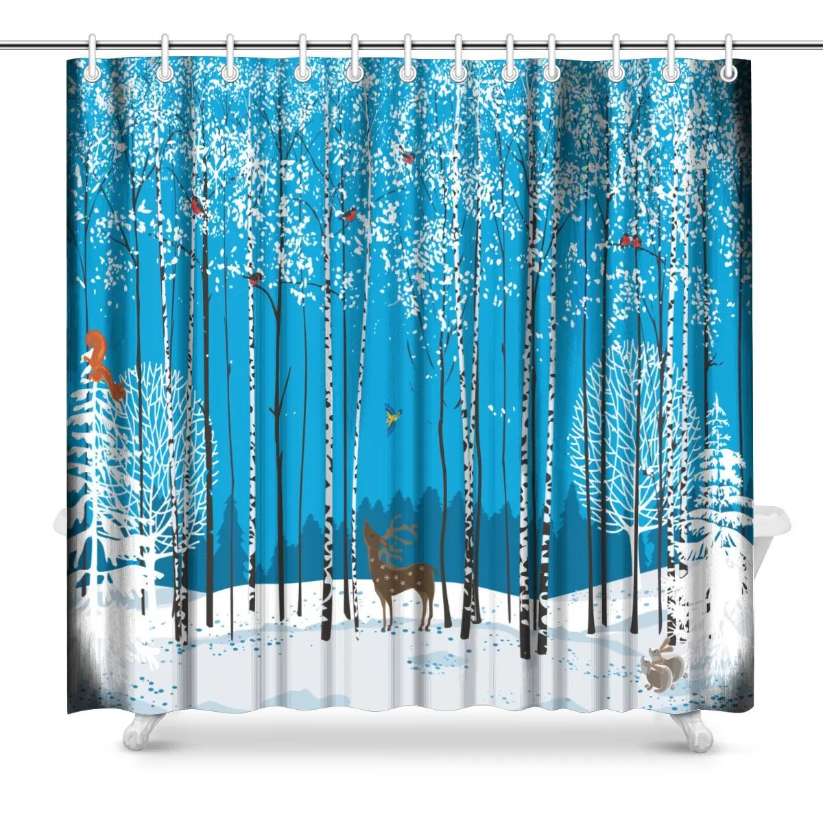 Birch Trees with Perching Flock of Bullfinches and Different Animals Around in Winter Forest Bathroom Shower Curtain
Birch Trees with Perching Flock of Bullfinches and Different Animals Around in Winter Forest Bathroom Shower Curtain