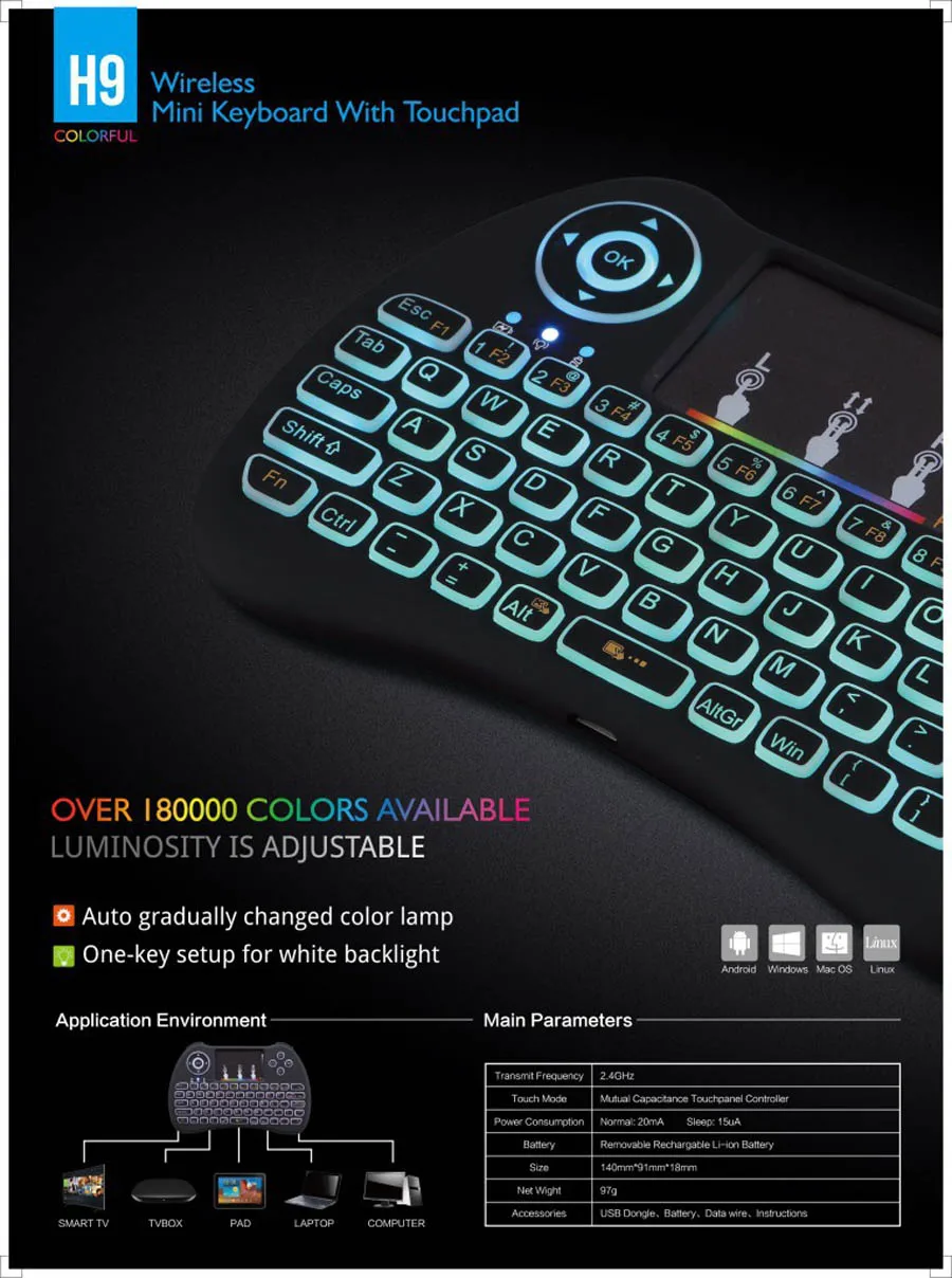 H9 wireless mini keyboard with RGB color backlight (13)