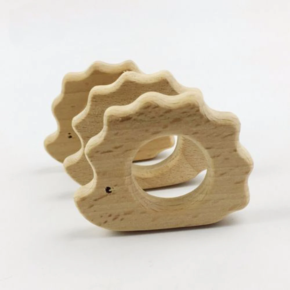 3 Pieces Natural Wood Hedgehog Shape Baby Teether Teething Ring Shower Gift